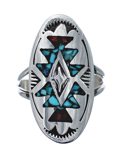 Sterling Silver Coral Turquoise Inlay Navajo Ring Size 8 AX128416