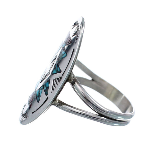 Sterling Silver Coral Turquoise Inlay Navajo Ring Size 8 AX128416