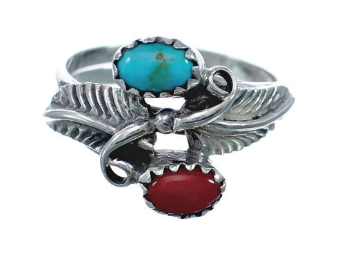 Native American Coral And Turquoise Silver Leaf Ring Size 7-1/4 AX128727