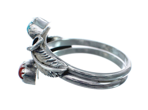 Native American Coral And Turquoise Silver Leaf Ring Size 7-1/4 AX128727