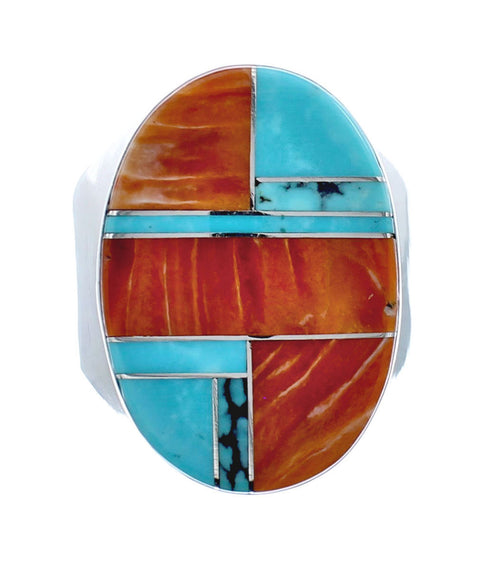Genuine Sterling Silver Turquoise Oyster Shell Inlay Navajo Ring Size 10-1/4 AX128627