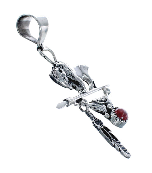 Native American Authentic Sterling Silver Buffalo Coral Pendant AX128744