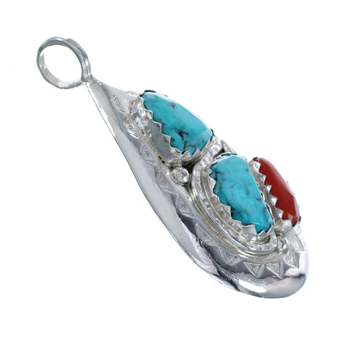 Native American Zuni Turquoise Coral Sterling Silver Snake Pendant AX128754
