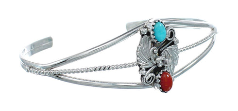 Sterling Silver Turquoise And Coral Navajo Leaf And Flower Cuff Bracelet JX128763