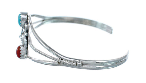 Sterling Silver Turquoise And Coral Navajo Leaf And Flower Cuff Bracelet JX128763