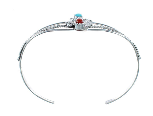 Sterling Silver Turquoise And Coral Navajo Leaf And Flower Cuff Bracelet JX128763