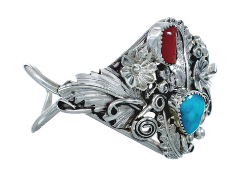 Sterling Silver Turquoise And Coral Navajo Leaf And Flower Cuff Bracelet JX128789