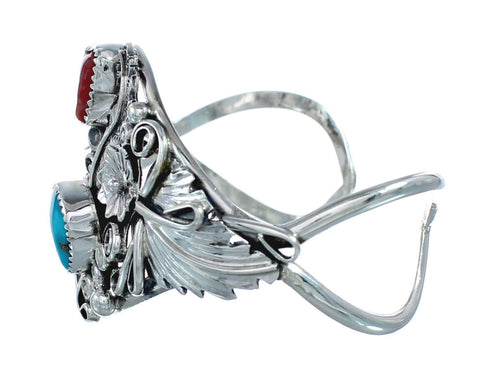 Sterling Silver Turquoise And Coral Navajo Leaf And Flower Cuff Bracelet JX128789