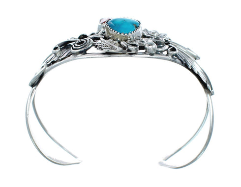 Sterling Silver Turquoise And Coral Navajo Leaf And Flower Cuff Bracelet JX128789