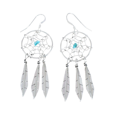 Navajo Sterling Silver Turquoise Dream Catcher Feather Hook Dangle Earrings AX129127