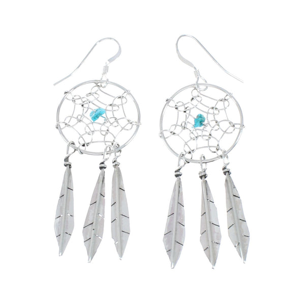 Navajo Sterling Silver Turquoise Dream Catcher Feather Hook Dangle Earrings AX129127