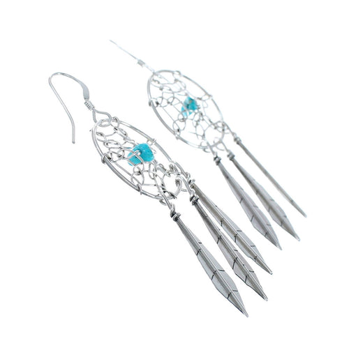 Navajo Sterling Silver Turquoise Dream Catcher Feather Hook Dangle Earrings AX129127