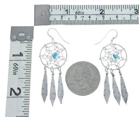 Navajo Sterling Silver Turquoise Dream Catcher Feather Hook Dangle Earrings AX129127