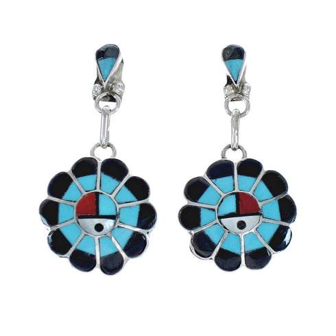 Sterling Silver Zuni Indian Sunface Multicolor Inlay Post Dangle Earrings AX129139