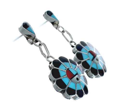 Sterling Silver Zuni Indian Sunface Multicolor Inlay Post Dangle Earrings AX129139