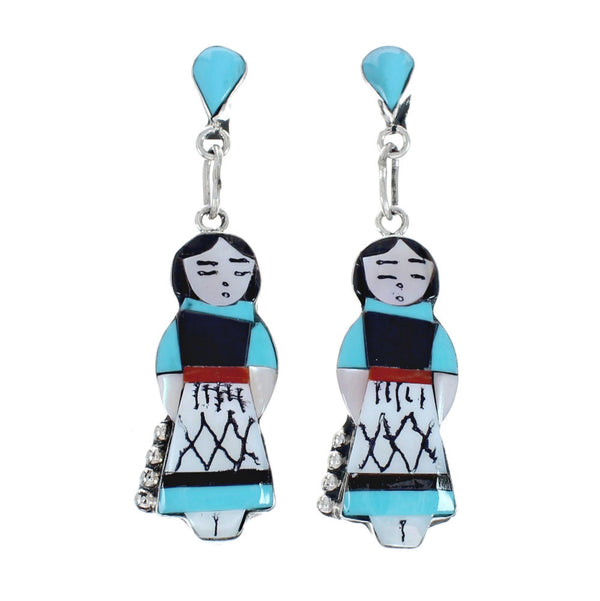 Sterling Silver Zuni Multicolor Inlay Storyteller Woman Post Dangle Earrings AX129208