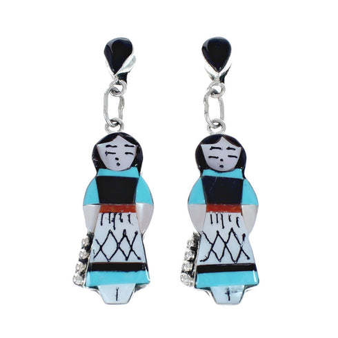 Sterling Silver Zuni Multicolor Inlay Storyteller Woman Post Dangle Earrings AX129210