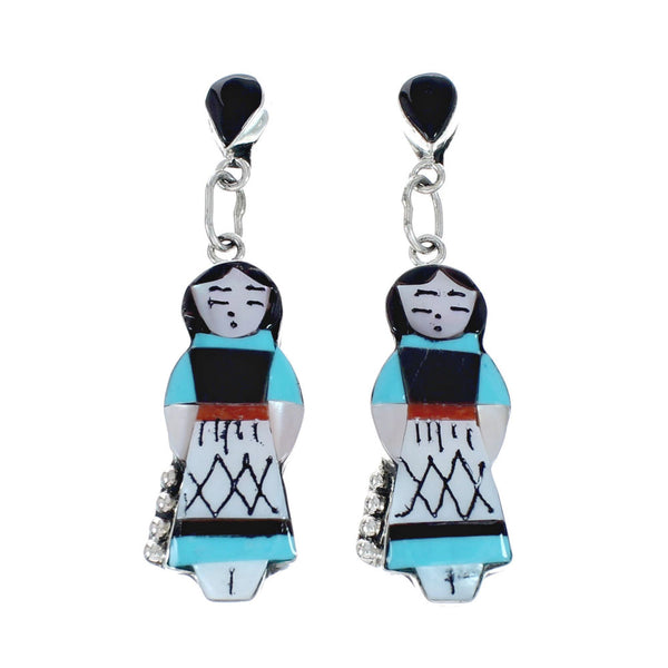 Sterling Silver Zuni Multicolor Inlay Storyteller Woman Post Dangle Earrings AX129210