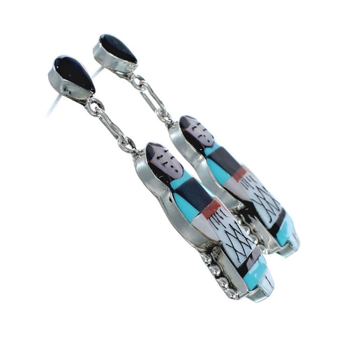 Sterling Silver Zuni Multicolor Inlay Storyteller Woman Post Dangle Earrings AX129210