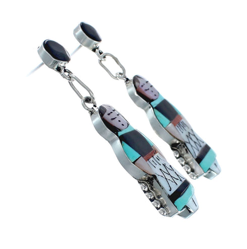 Sterling Silver Zuni Multicolor Inlay Storyteller Woman Post Dangle Earrings AX129211