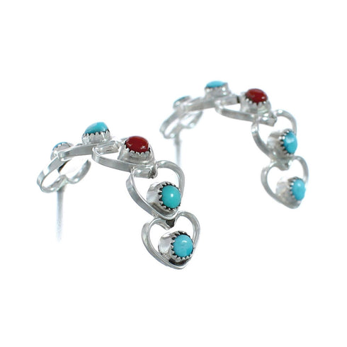 Native American Turquoise And Coral Genuine Sterling Silver Heart Post Hoop Earrings AX129214