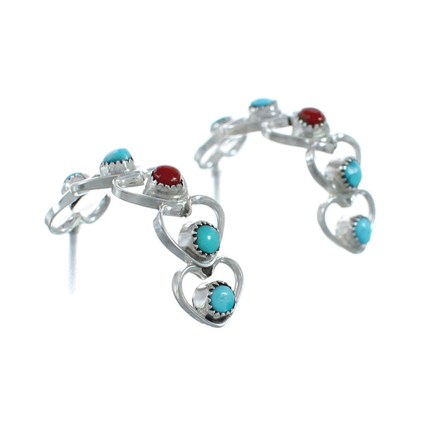 Native American Turquoise And Coral Genuine Sterling Silver Heart Post Hoop Earrings AX129214