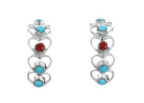 Native American Turquoise And Coral Genuine Sterling Silver Heart Post Hoop Earrings AX129214