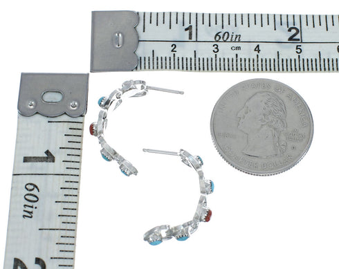 Native American Turquoise And Coral Genuine Sterling Silver Heart Post Hoop Earrings AX129214