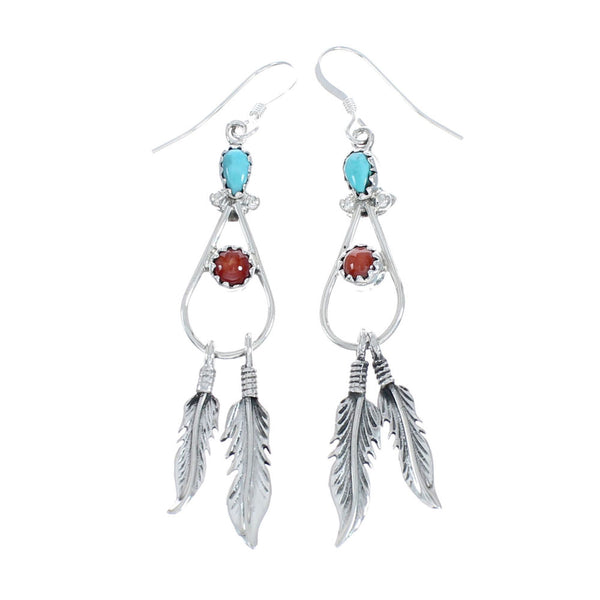 Turquoise And Coral Feather Navajo Sterling Silver Hook Dangle Earrings AX129164