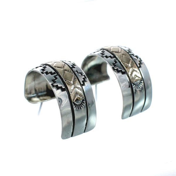 Genuine Sterling Silver And 14KG Navajo Post Hoop Earrings JX128932