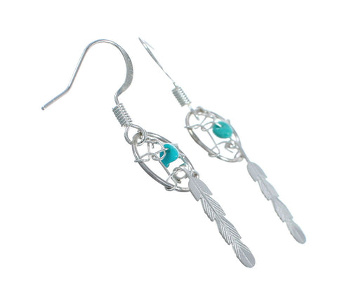 Turquoise Sterling Silver Navajo Dream Catcher Feather Hook Dangle Earrings JX128911