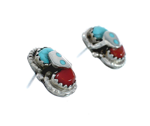 Turquoise Coral Zuni Effie Calavaza Silver Snake Post Earrings JX128913