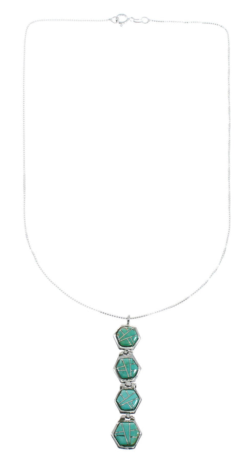 Sterling Silver Turquoise Inlay Box Chain Pendant Necklace Set JX129072