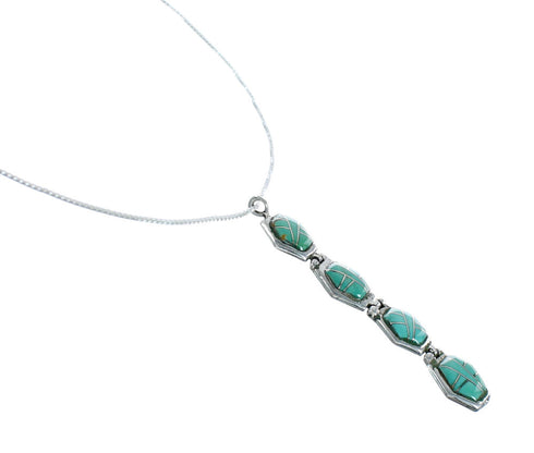 Sterling Silver Turquoise Inlay Box Chain Pendant Necklace Set JX129072