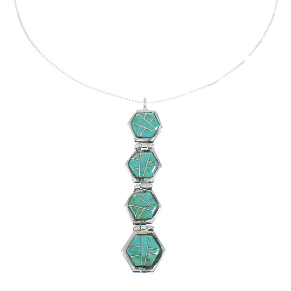 Sterling Silver Turquoise Inlay Box Chain Pendant Necklace Set JX129074