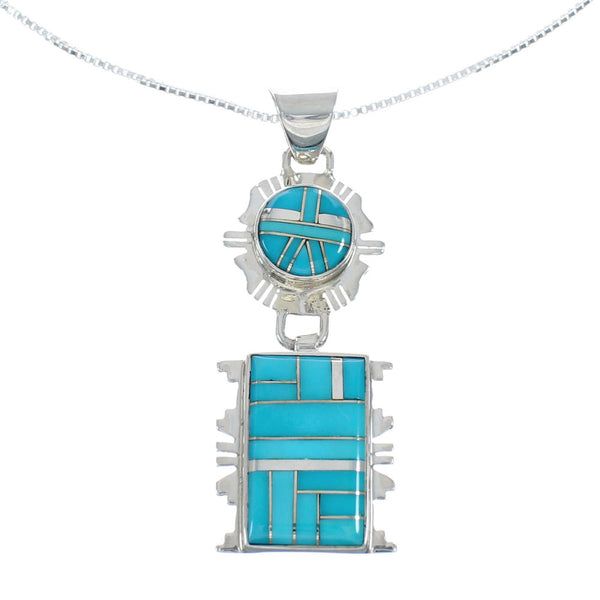 Southwest Turquoise Inlay Sterling Silver Box Chain Necklace Set JX129091