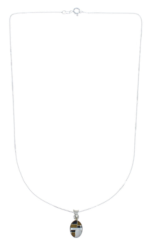 Southwest Multicolor Inlay Sterling Silver Box Chain Necklace Set JX129108