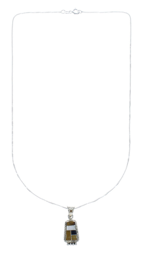 Southwest Multicolor Inlay Sterling Silver Box Chain Necklace Set JX129109