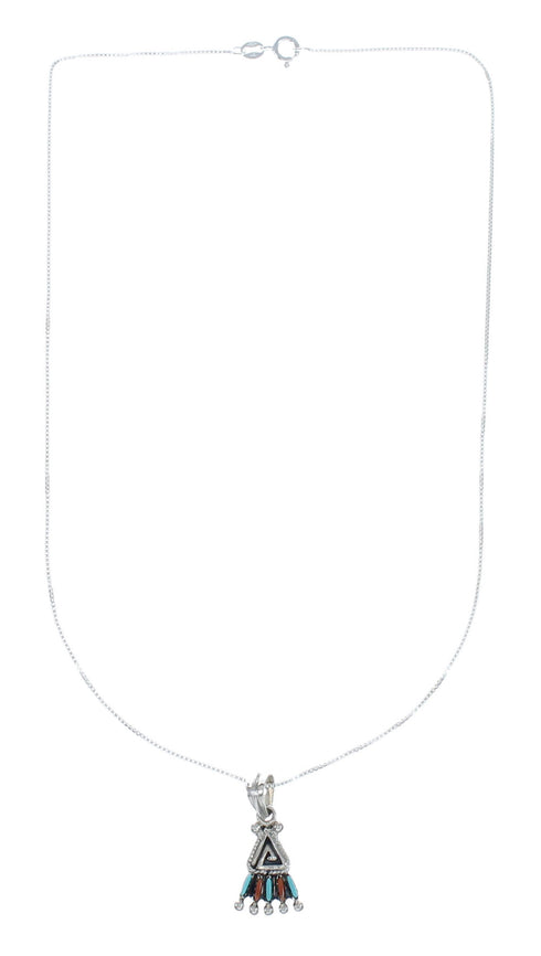 Southwest Needlepoint Turquoise Coral Sterling Silver Box Chain Necklace Set JX129134