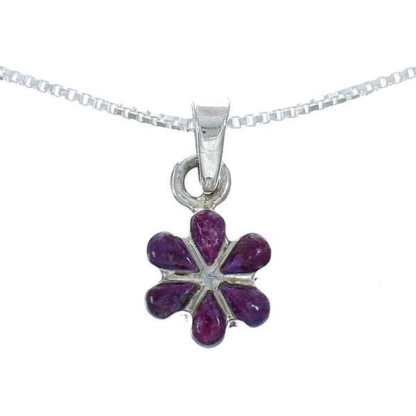 Southwest Magenta Turquoise Flower Inlay Sterling Silver Box Chain Necklace Set JX129097