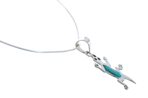 Southwest Turquoise Lizard Inlay Sterling Silver Snake Chain Necklace Set JX129172