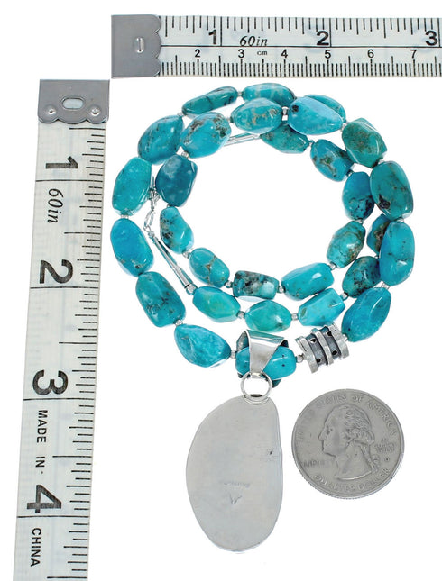 Sterling Silver Turquoise Native American Bead Necklace Pendant Set JX129238