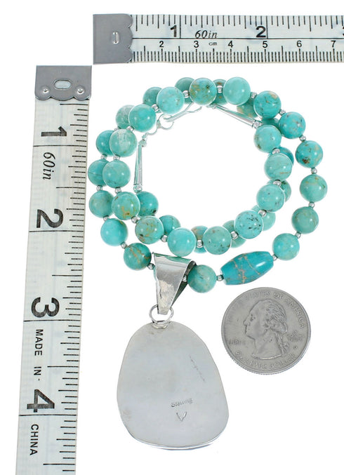 Sterling Silver Turquoise Native American Bead Necklace Pendant Set JX129239