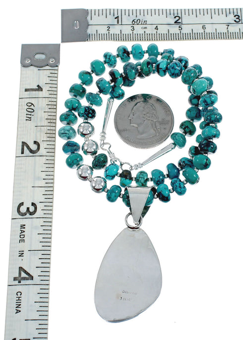 Native American Sterling Silver Turquoise Bead Necklace Pendant Set AX129327