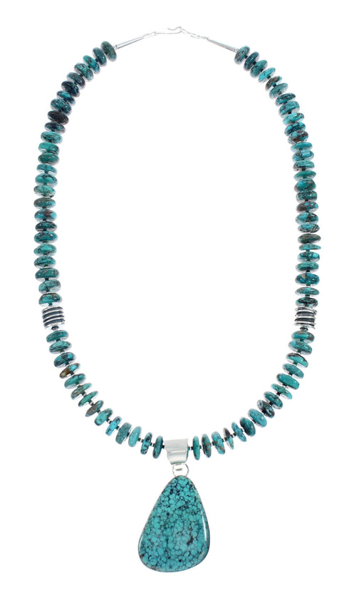 Native American Sterling Silver Turquoise Bead Necklace Pendant Set AX129328