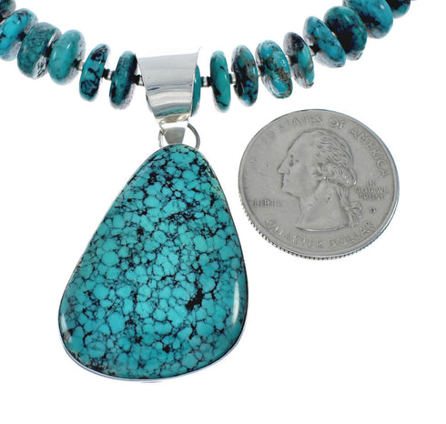 Native American Sterling Silver Turquoise Bead Necklace Pendant Set AX129328
