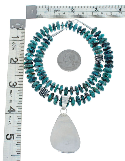Native American Sterling Silver Turquoise Bead Necklace Pendant Set AX129328