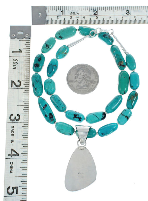 Native American Sterling Silver Turquoise Bead Necklace Pendant Set AX129329