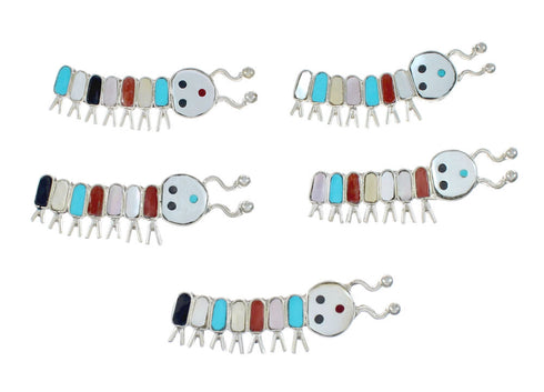 Native American Zuni Multicolor Genuine Sterling Silver Caterpillar Pin AX129440