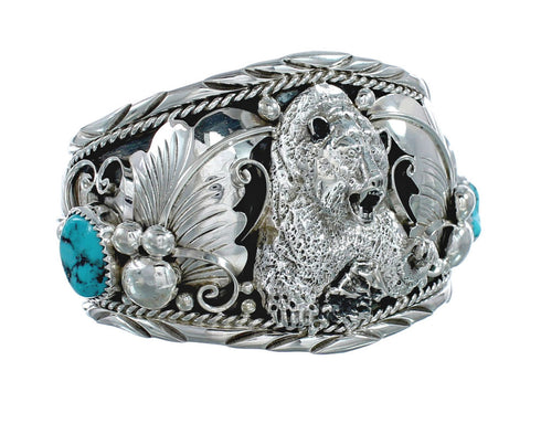 Navajo Sterling Silver Turquoise Bear Leaf Cuff Bracelet AX129459